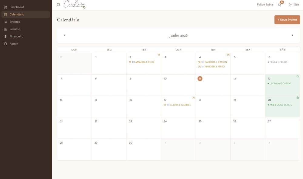 Sistema de gestão de eventos do buffet Cris Lara Catering — calendário de eventos do mês